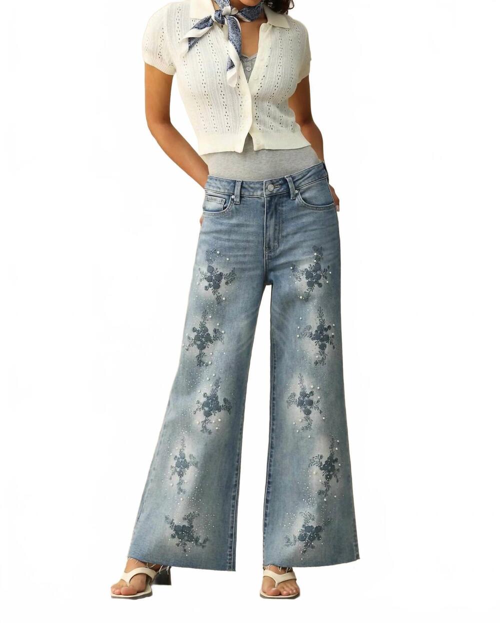 NEW BAYEAS women's high rise embroidered wide leg jean in light blue